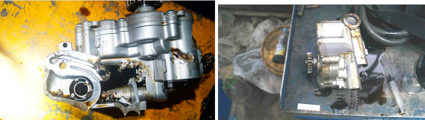 Фото 12,13. Корпус и редукционный клапан масляного насоса разрушен