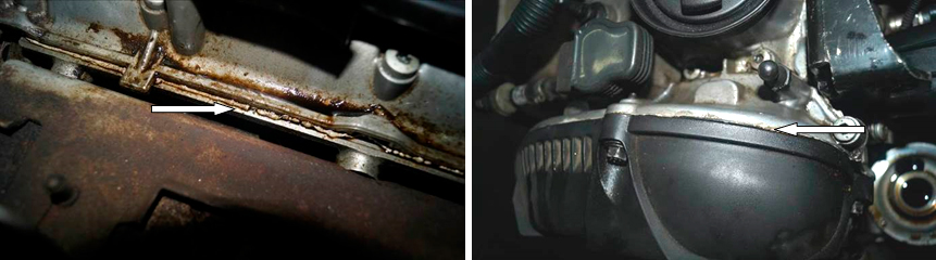 Фото 15,16. Неравномерно нанесённый серый герметик под клапанной и передней крышкой