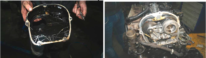 Фото 17,18. Неравномерно нанесённый серый герметик под передней крышкой