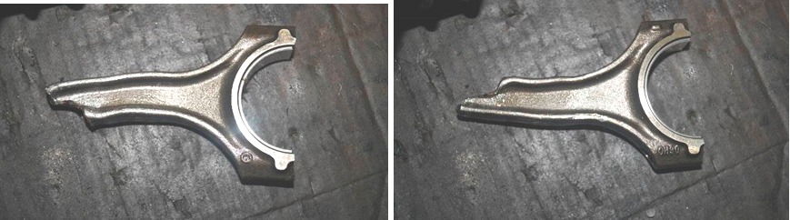 Фото 32,33. Оставшаяся разрушенная часть шатуна деформирована в стержне