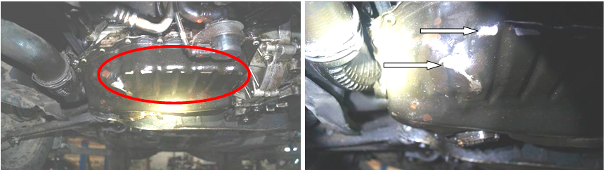 Фото 6,7. На масляном поддоне двигателя зафиксированы трассы (потёртости, царапины)