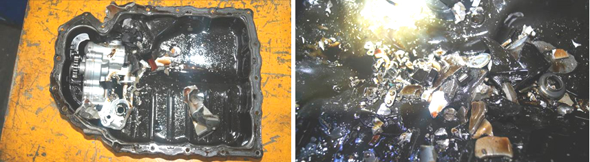 Фото 10,11. Разрушенные детали в масляном поддоне двигателя