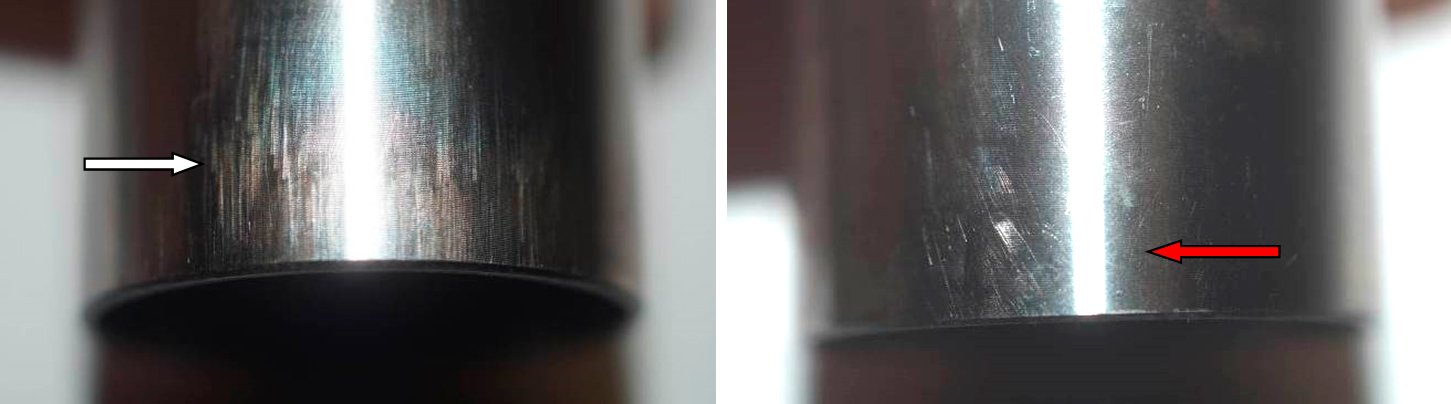 Фото 19,20. Потёртости, мелкие царапины и риски с одной стороны (белая стрелка) и отсутствие их с другой стороны (красная стрелка)