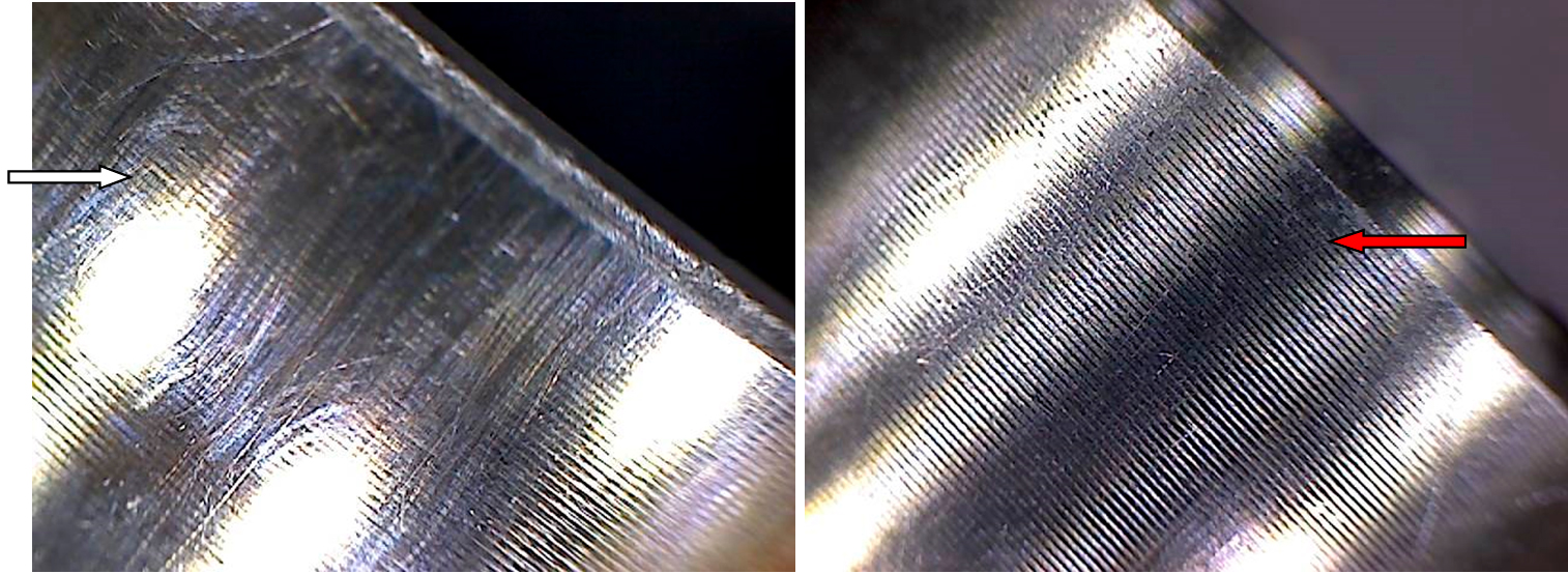 Фото 21,22. Потёртости, мелкие царапины и риски с одной стороны (белая стрелка) и отсутствие их с другой стороны (красная стрелка). Вид через микроскоп – увеличение в 10 раз