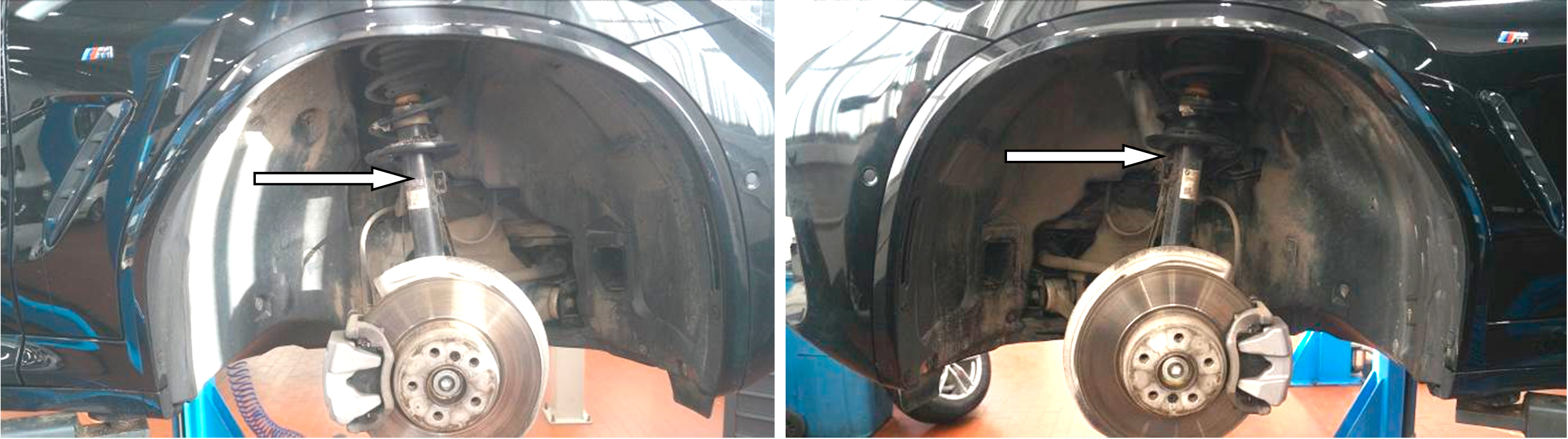 Фото 2,3. Передние правый и левый амортизатор (показаны белой стрелкой)