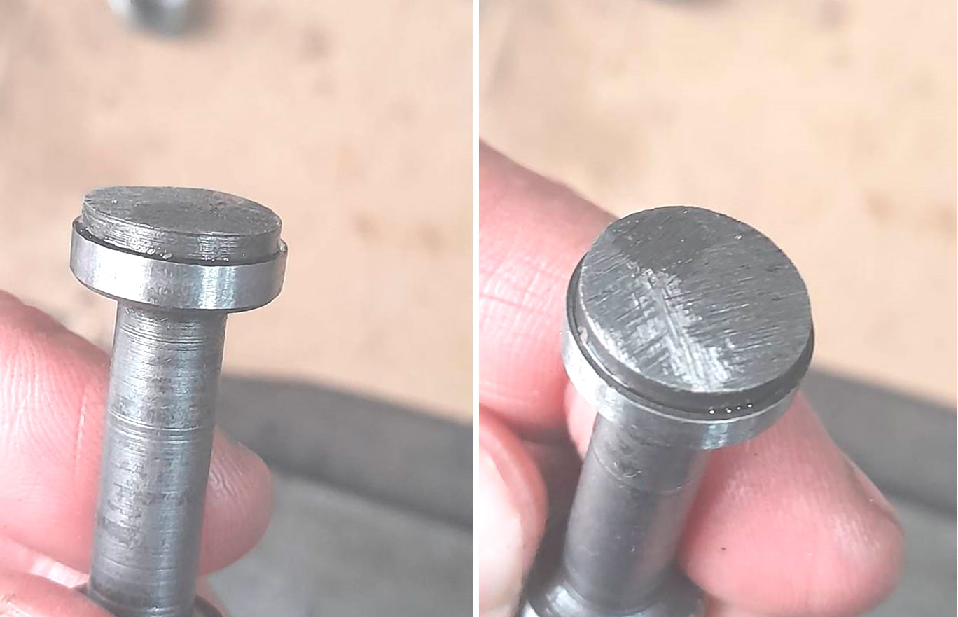 Фото 14,15. Срез металла неровной формы  на опорной части плунжера клапана