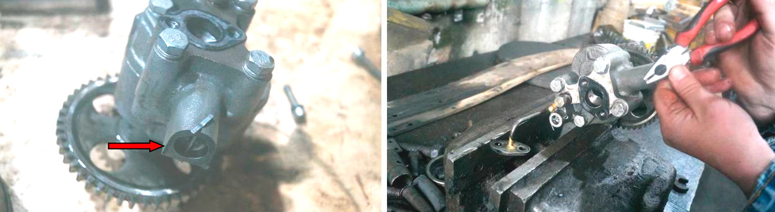 Фото 7,8. Демонтаж редукционного клапана масляного насоса (клапан показан красной стрелкой)