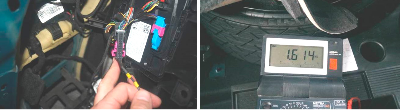 Фото 18,19. Место подключения и показание мультиметра 1,614 кОм.