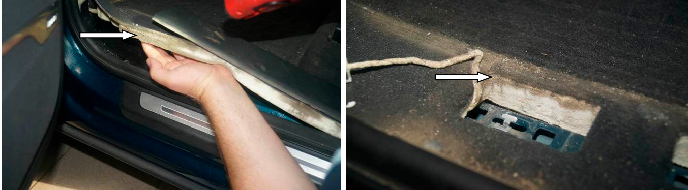 Фото 9,10. Загрязнение верхнего слоя и водяные разводы напольного покрытия у сидения водителя.