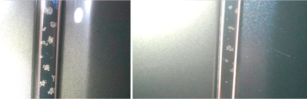 Фото 14, 15. Вид коррозионных повреждений на хромированной решетки левой передней двери.