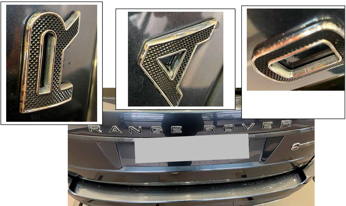 Фото 16-19. Общий вид типичных повреждений в виде наличия следов потускнения (уменьшения эффекта «зеркальности») и коррозионных повреждений на хромированных буквах Range Rover на задней (пятой) двери.
