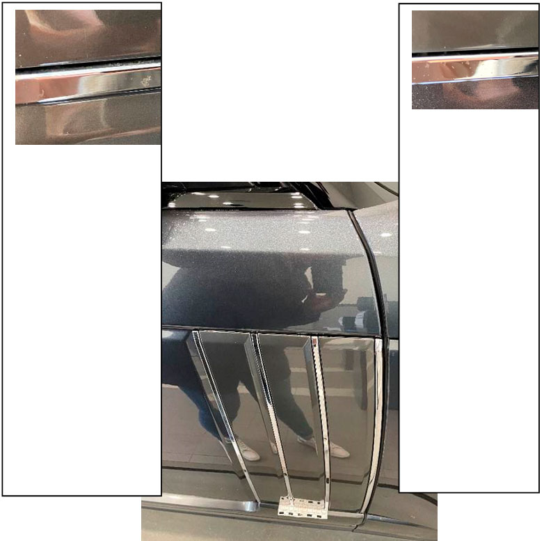 Фото 24-26. Общий вид типичных повреждений в виде наличия следов потускнения (уменьшения эффекта «зеркальности») и коррозионных повреждений на хромированной решетки правой передней двери.