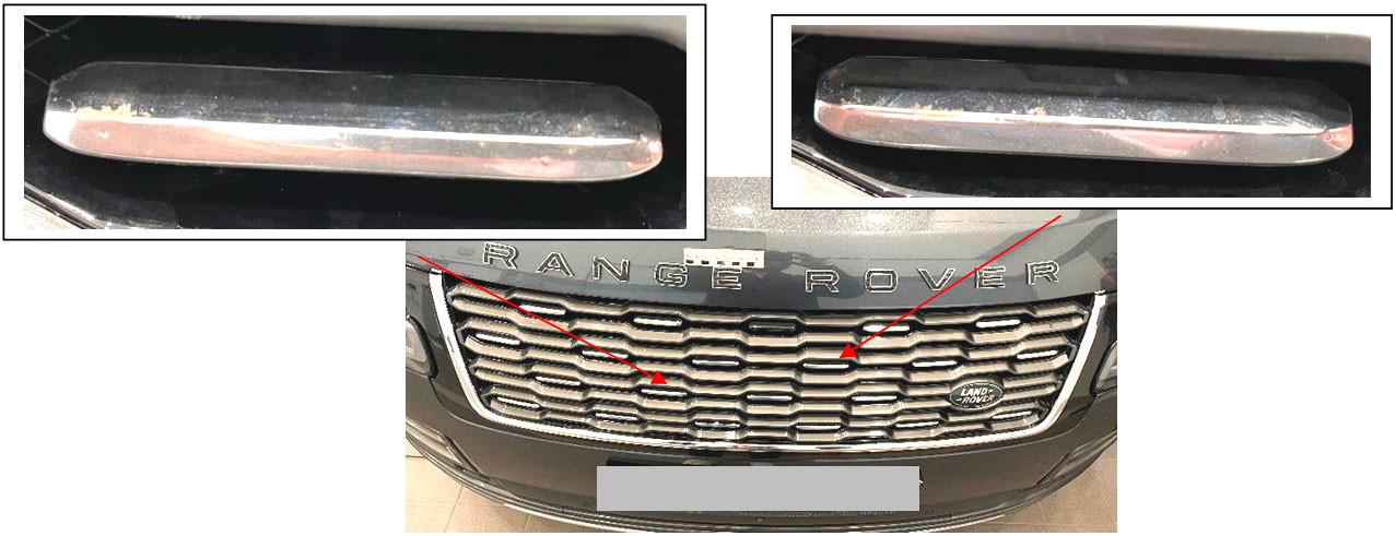 Фото 5-7. Общий вид типичных повреждений в виде наличия следов потускнения (уменьшения эффекта «зеркальности») и коррозионных повреждений на хромированных вставках решетки радиатора.