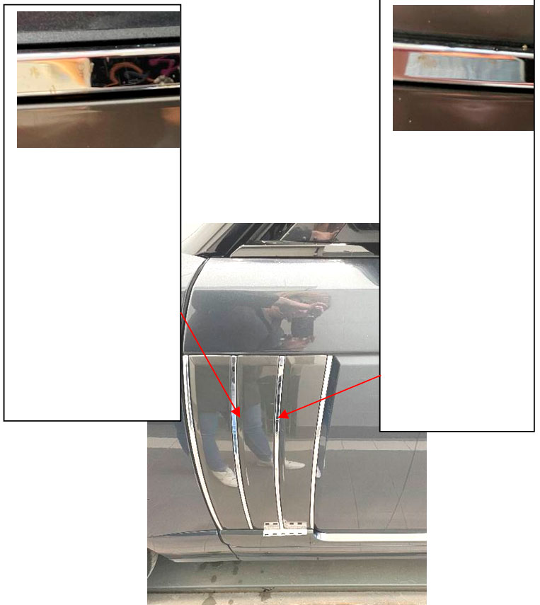 Фото 11-13. Общий вид типичных повреждений в виде наличия следов потускнения (уменьшения эффекта «зеркальности») и коррозионных повреждений на хромированной решетки левой передней двери.