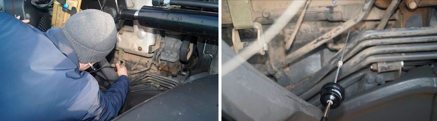 Фото 21,22. Фиксация локализации стука при помощи автомобильного стетоскопа.