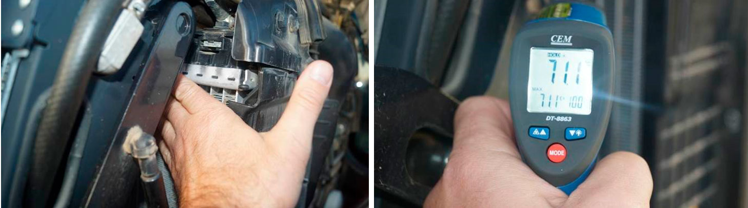 Фото 28,29. Измерение температуры в верхней части радиатора двигателя.
