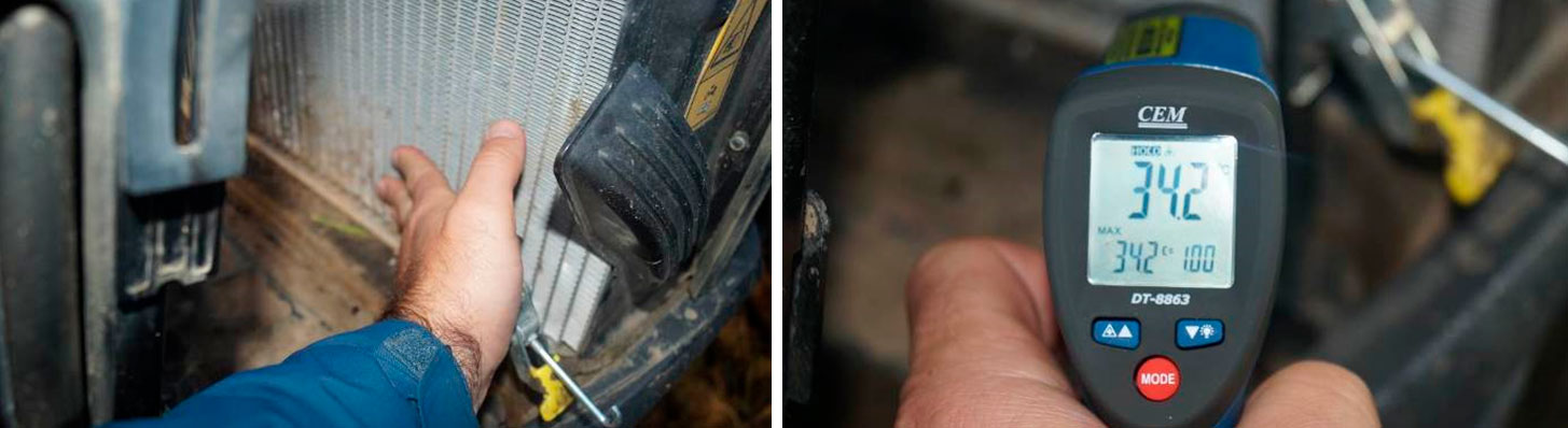 Фото 30,31. Измерение температуры в нижней части радиатора двигателя.