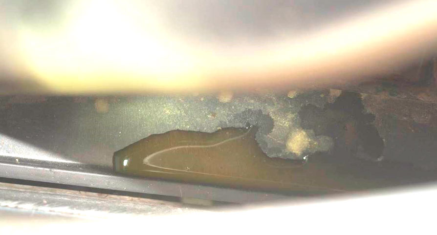 Фото 38. Течь и лужа охлаждающей жидкости под верхним шлангом радиатора.