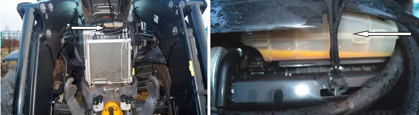 Фото 13,14. Расширительный бачок системы охлаждения двигателя (показан белой стрелкой).