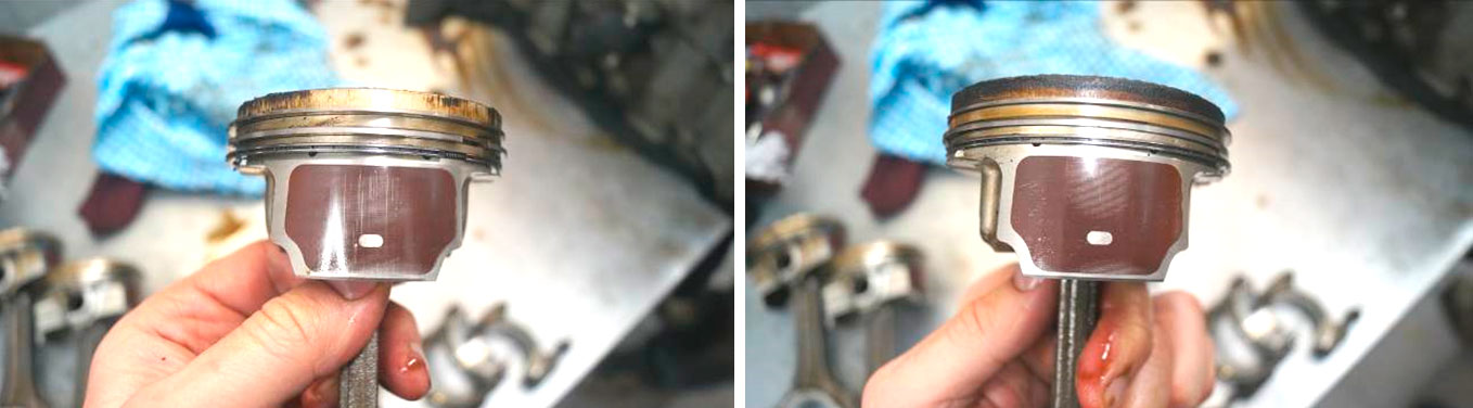 Фото 24,25. Повреждения юбки поршня 4-го цилиндра.