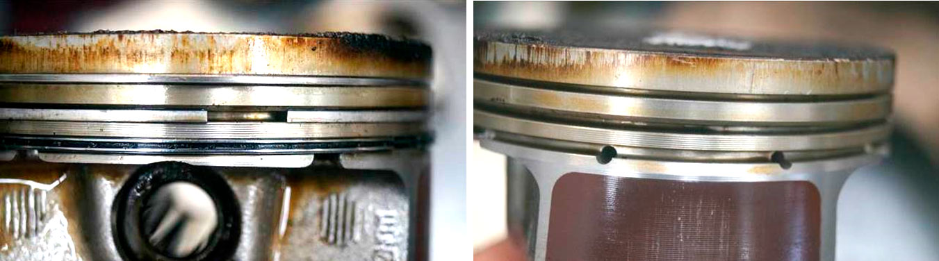 Фото 26,27. На канавках поршневых колец и на кольцевых перемычках значительного нагара и других отложений не зафиксировано.