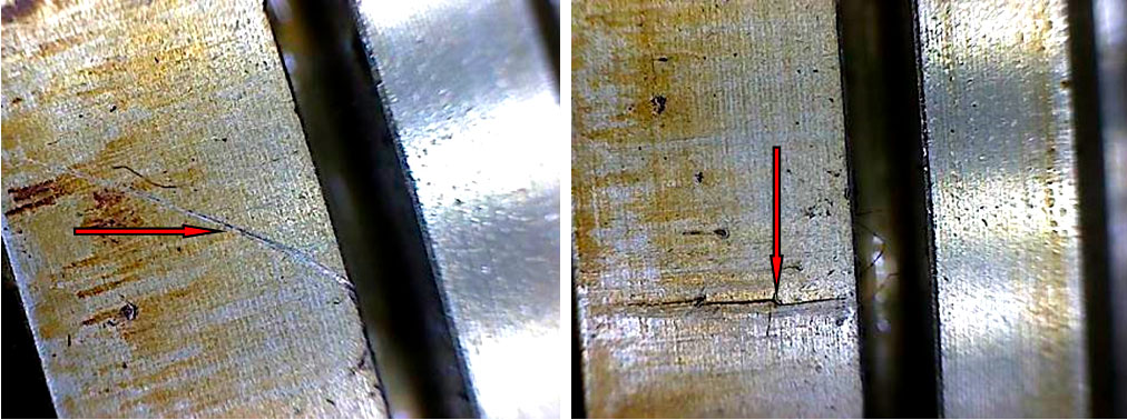 Фото 28,29. На жаровом поясе поршней царапины и риски (увеличений в 10 р.).