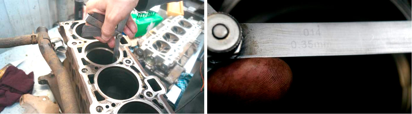 Фото 38,39. Измерение зазоров поршневых колец.