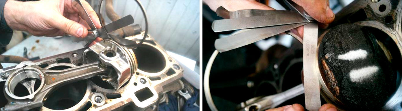 Фото 40,41. Измерение зазоров поршневых колец.