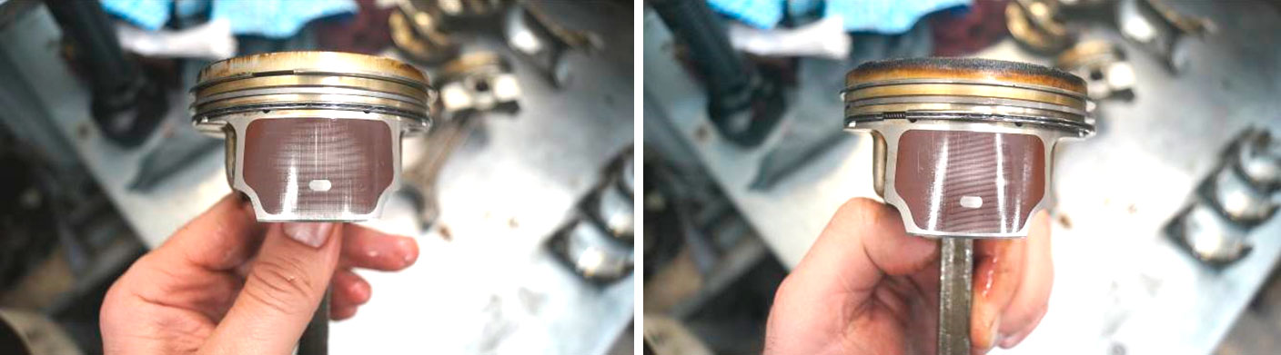 Фото 12,13. Повреждения юбки поршня 1-го цилиндра.