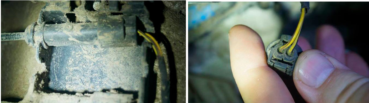 Фото 26,27. Механических повреждений электропроводки датчика угловой скорости заднего правого колеса не зафиксировано.