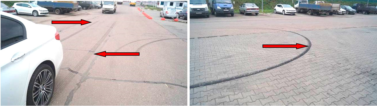 Фото 11,12. Следы торможения от передних колёс, а также следы заноса (волочения).