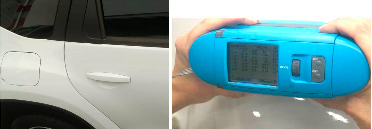 Фото 7,8. Правое заднее крыло и дверь. Определение разнотона прибором.