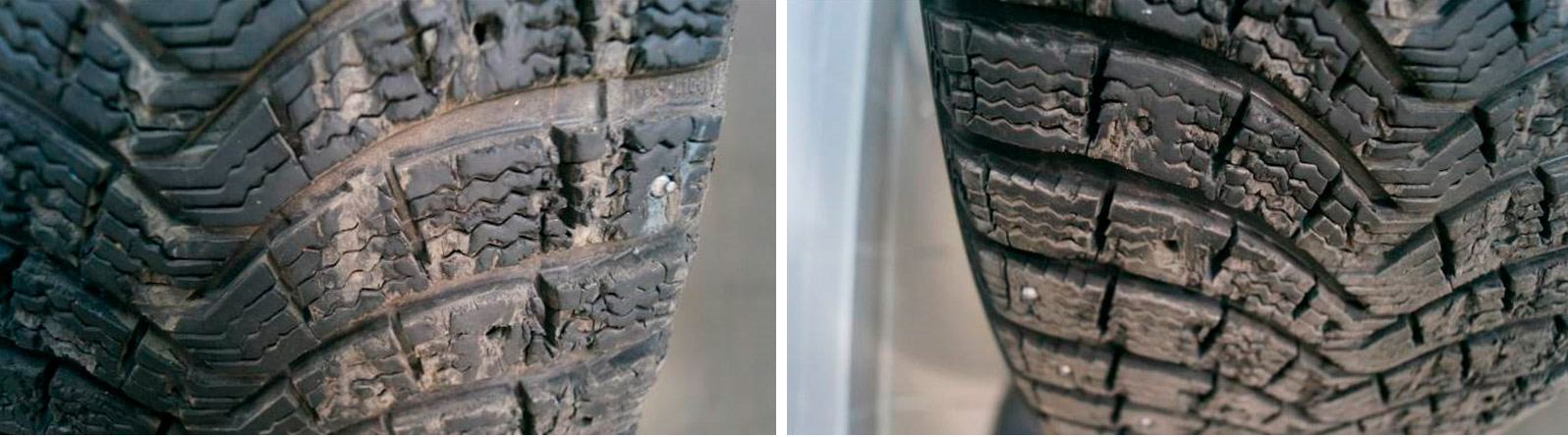 Фото 18,19. Порезы резины по всей площади протектора.