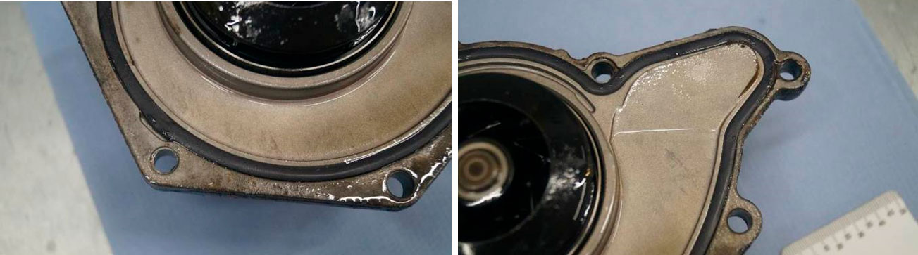 Фото 10,11. Отсутствуют фрагменты, наложения и подтёки вещества коричневого цвета на тыльной стороне насоса. Резиновая прокладка насоса повреждений и разрушений не имеет.