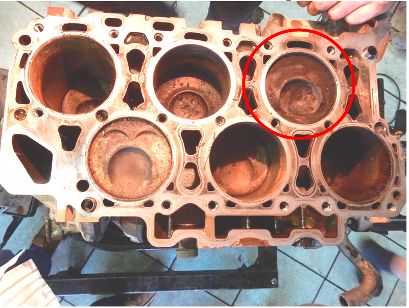 Фото 1. Днища поршней (поршень 1-го цилиндра показан в красном круге - имеет наиболее закопчённый внешний вид)