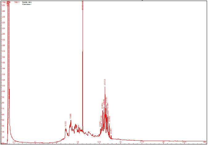 Рис. 6. Хроматограмма гексанового экстракта из смолы бензина АИ-95, образованного путем сжигания