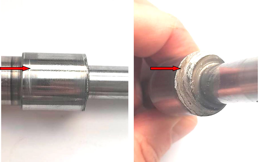 Фото 17,18. Кольцевые царапины на кулачке вала и срез металла на боковой стороне кулачка (показано красными стрелками).