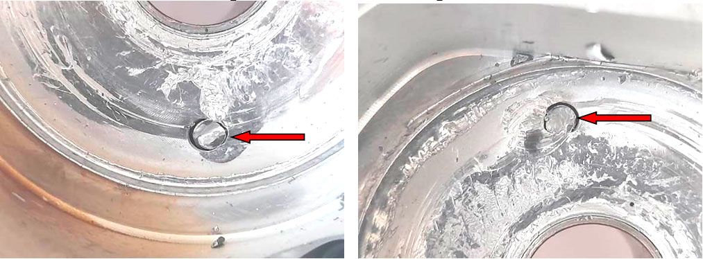 Фото 33,34. Срезанные штифты под упорную шайбу – показаны красными стрелками.