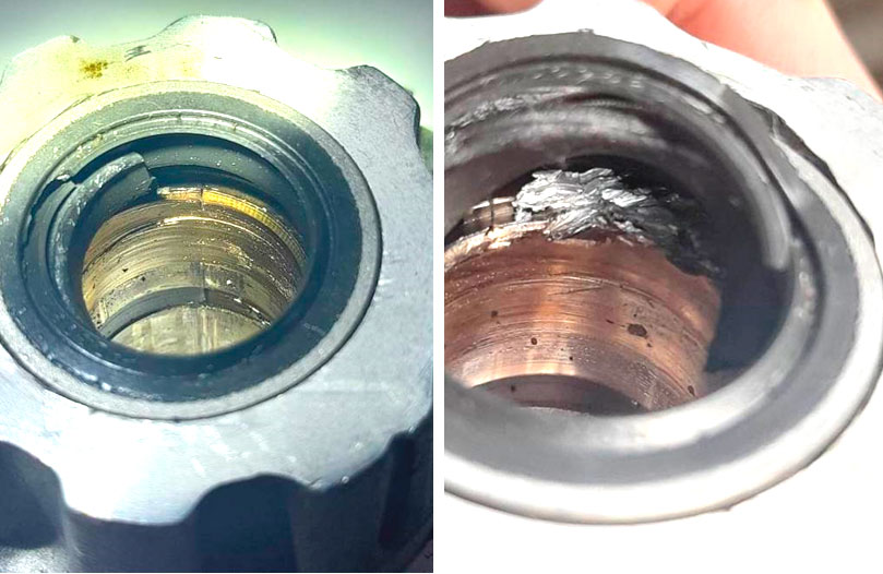 Фото 10,11. Разорванный уплотнитель, износ (задиры) и разрушение втулки в передней части корпуса.