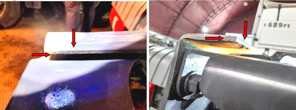 Фото 31,32. Повреждения металла в виде локальных отверстий, кратеров и коррозия в задних торцевых частях левого продольного лонжерона