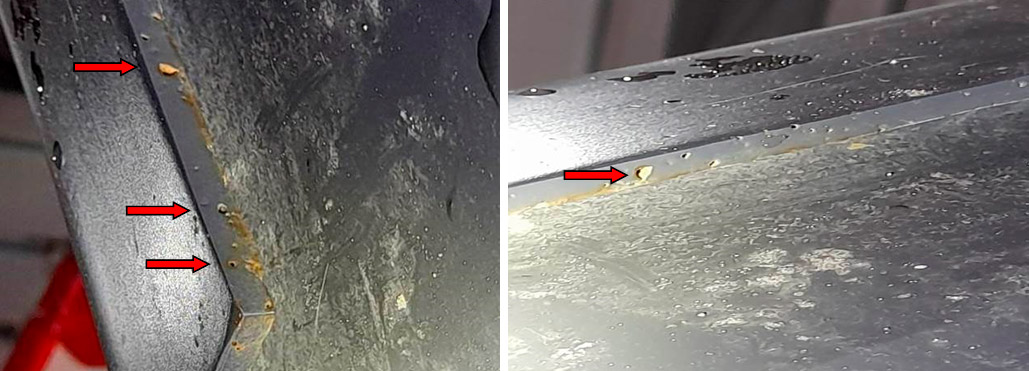 Фото 33,34. Повреждения металла в виде локальных отверстий и кратеров в задних торцевых частях левого продольного лонжерона