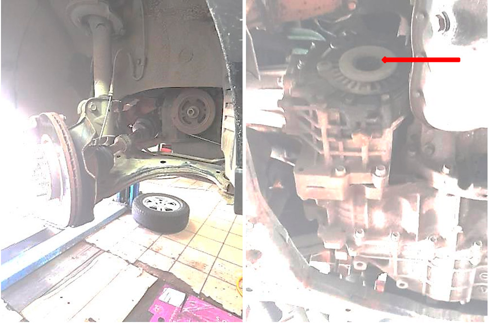 Фото 1,2 Передний правый привод и его вход в раздаточную коробку (показано красной стрелкой)