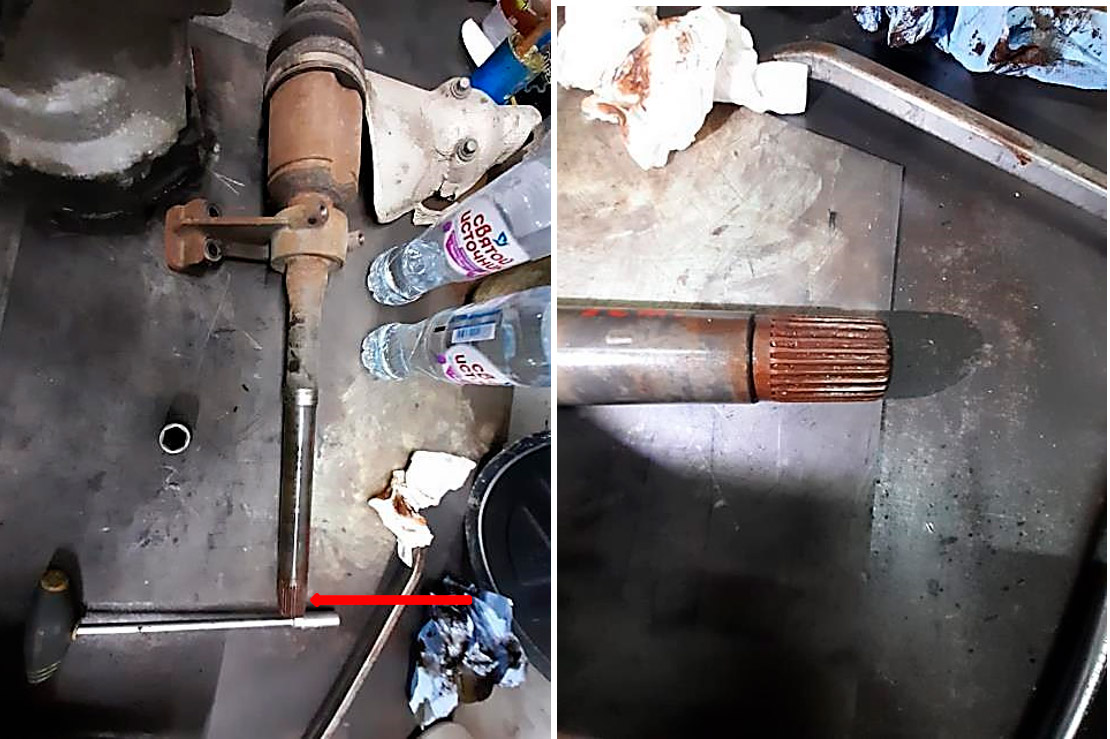 Фото 5,6. Коррозия на шлицах вала переднего правого привода (показано красной стрелкой)