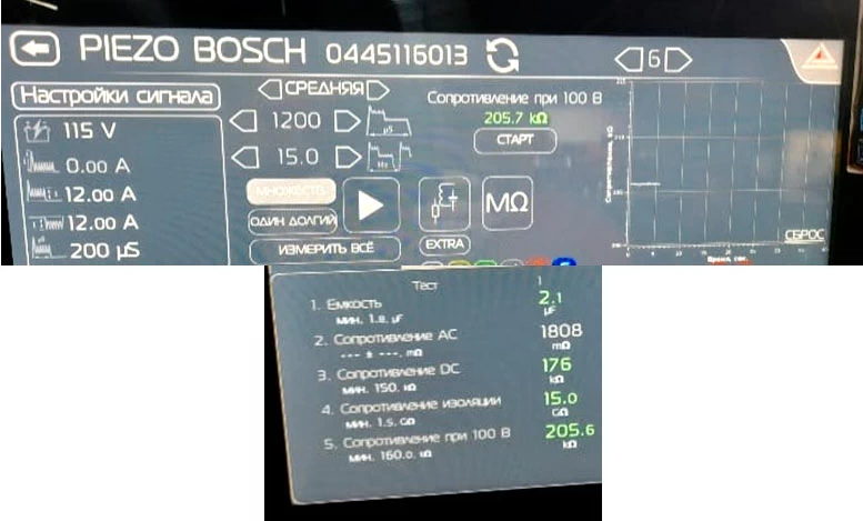 Фото 5,6. Результаты диагностики электрической части  форсунки. Все показатели (ёмкость, сопротивления) в допустимых значениях (в зеленой зоне)