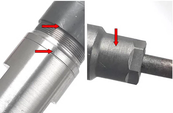 Фото 4,5. Царапины и риски на корпусе форсунки – показано красной стрелкой