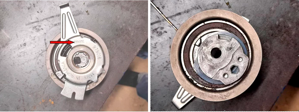 Фото 1,2. Натяжной ролик. Его марка показана красной стрелкой