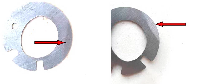 Фото 32,33. След от неравномерного, локального контактирования - показан красными стрелками