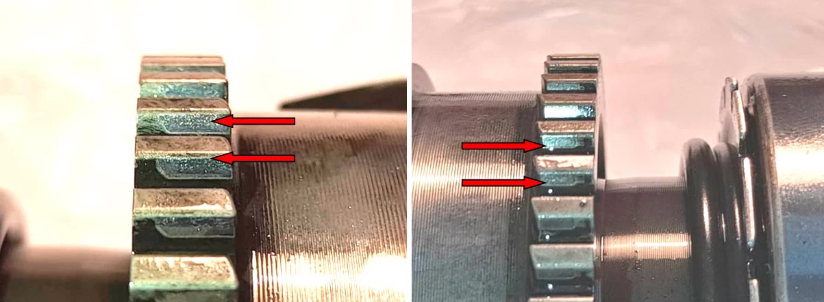 Фото 41,42. Следы смятия металла от контактного взаимодействия не по всей длине зубьев - показано красными стрелками
