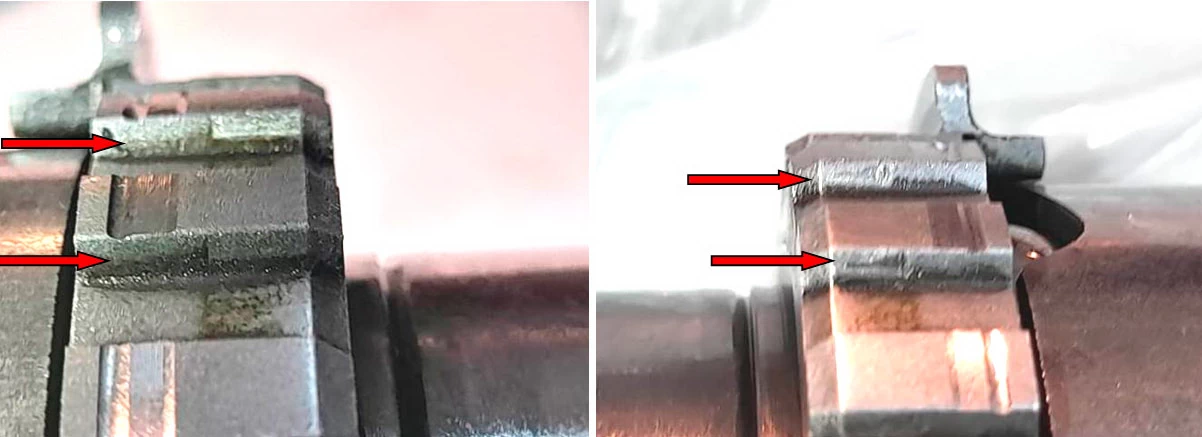 Фото 43,44. Следы смятия металла от контактного взаимодействия не по всей длине зубьев - показано красными стрелками