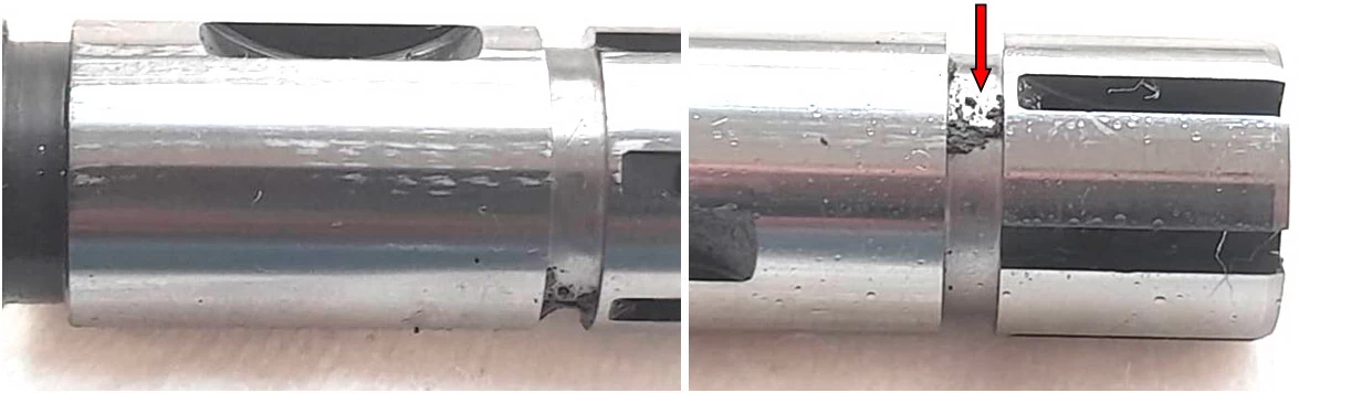 Фото 20,21. Риски, потёртости и царапины на плунжере. Грязь – показана красной стрелой